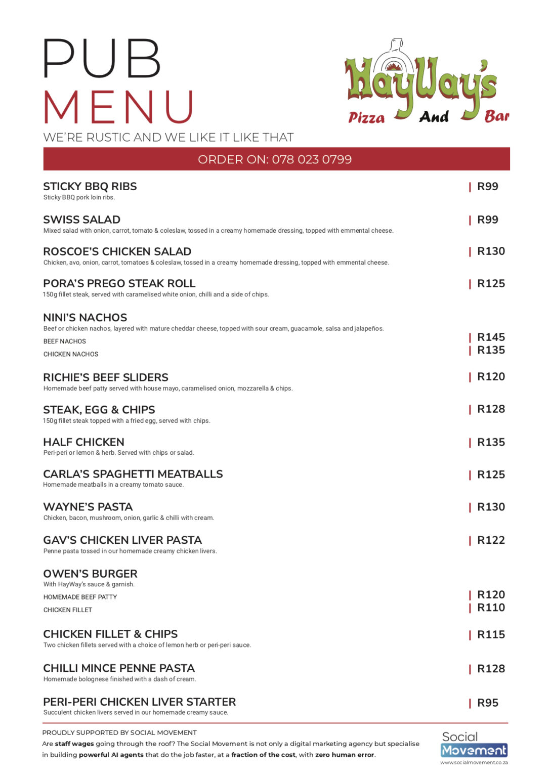 Pub Menu – HayWays Gourmet Pizza